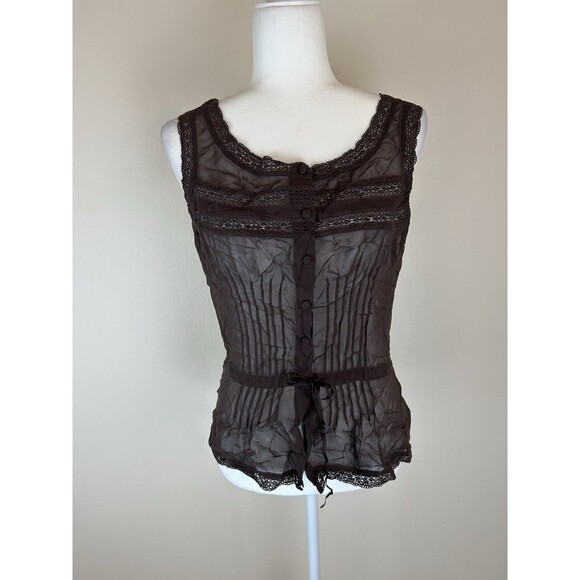 Vintage Express Small 100% Silk Top Blouse Brown Crochet Sheer Peasant Fairy - Picture 1 of 5